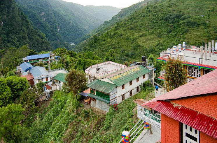 Valley view of hotels and tea housed in Jihnu Nepal along the Annapurna Circuit